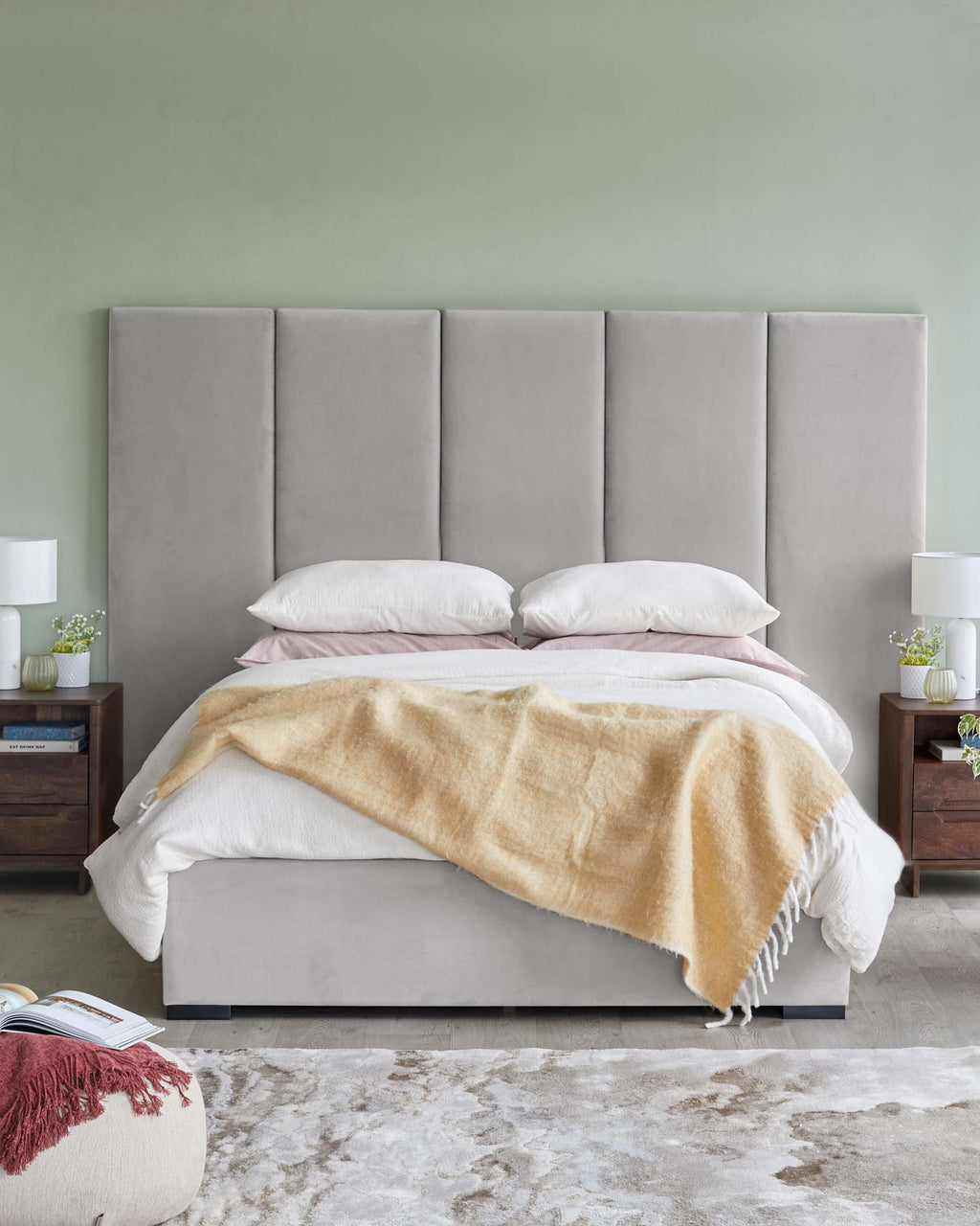 Penelope light grey recycled velvet super king ottoman bed with 5 panel headboard