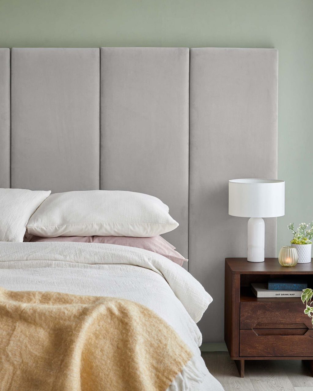 Penelope light grey recycled velvet king size ottoman bed with 5 panel headboard