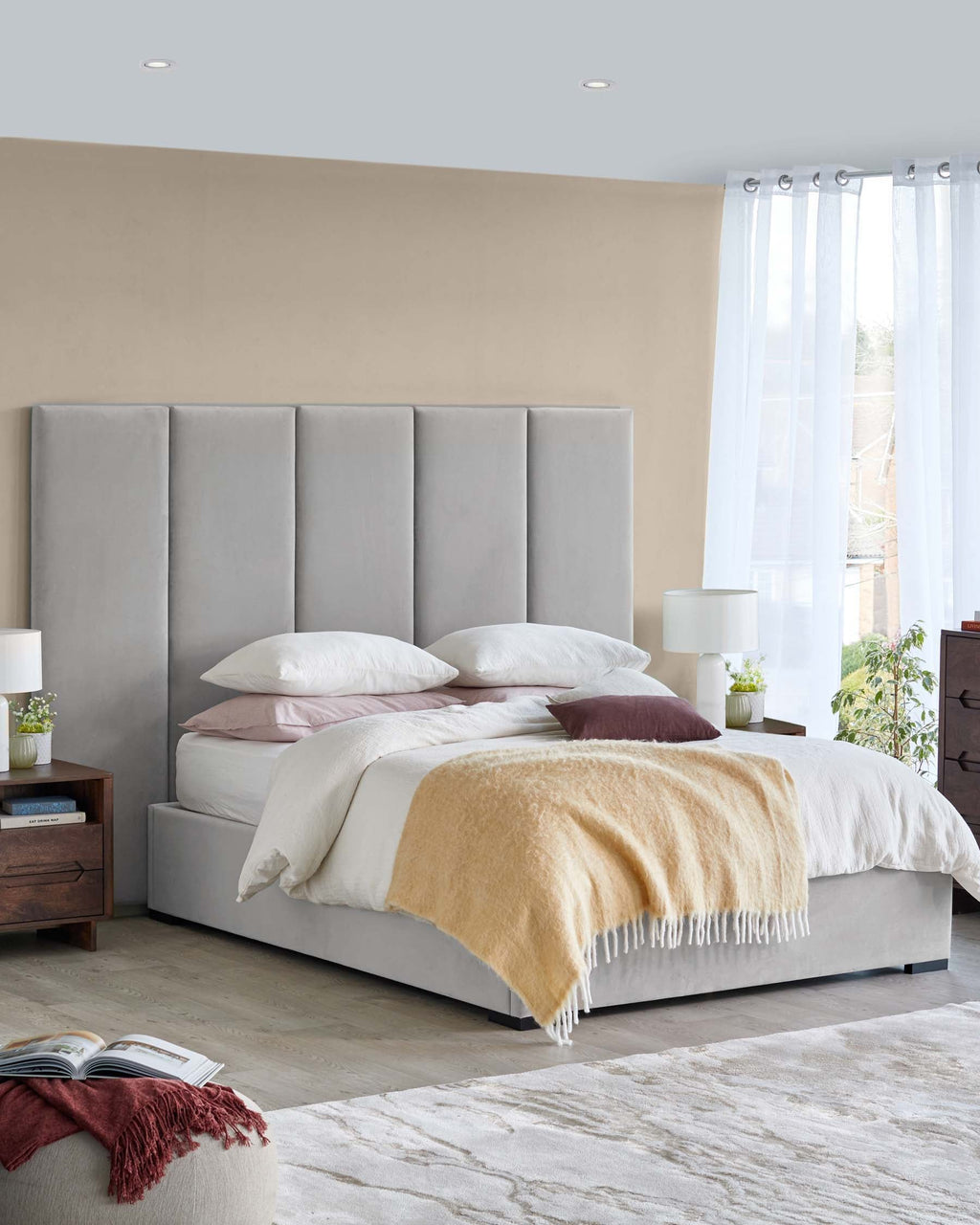 Penelope light grey recycled velvet king size ottoman bed with 5 panel headboard