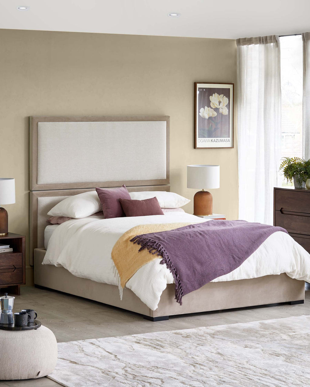 Penelope champagne natural mixed material king ottoman bed with 2 panel headboard