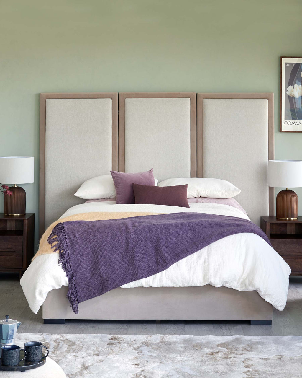 Penelope champagne natural mixed material super king ottoman bed with 3 panel headboard