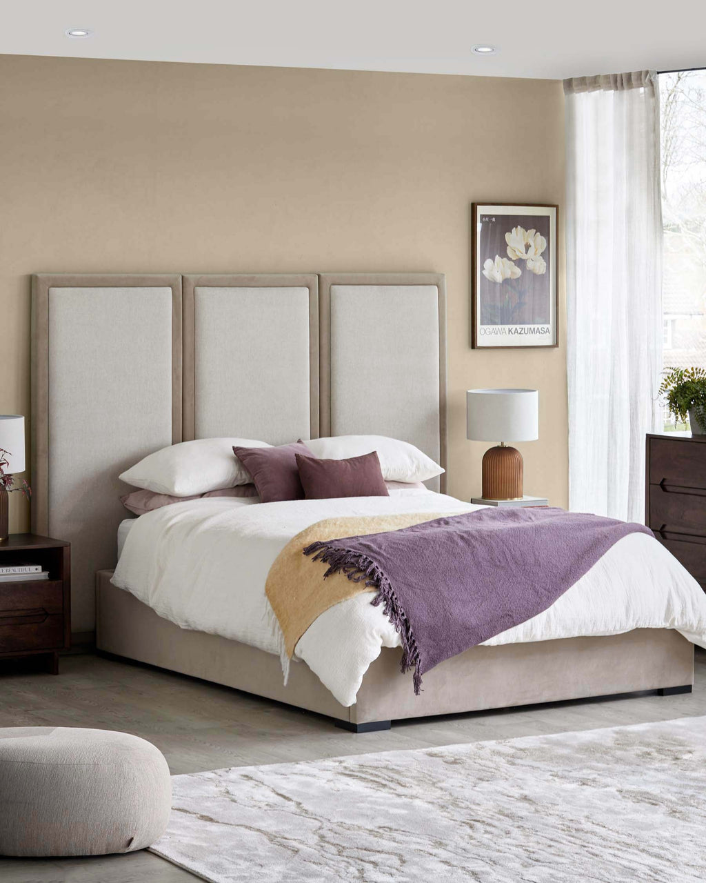 Penelope champagne natural mixed material super king ottoman bed with 3 panel headboard