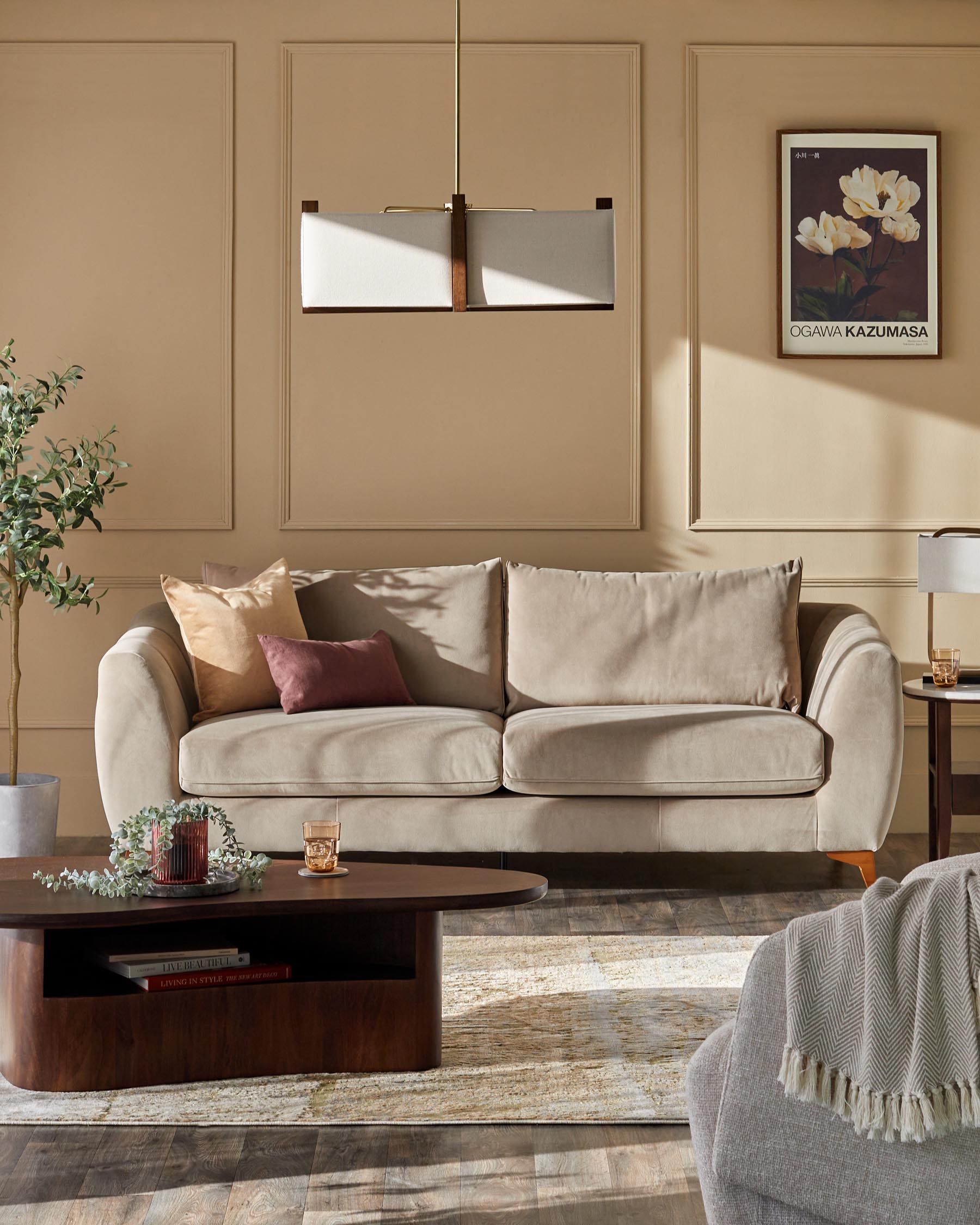 Genevieve champagne velvet 2 seater sofa with wooden leg