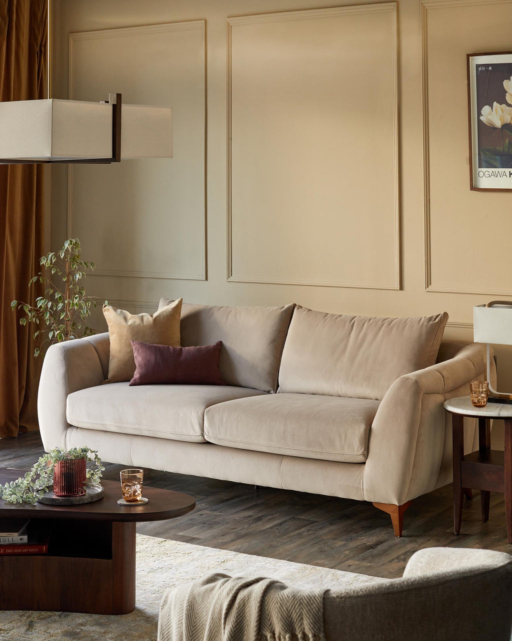 Genevieve champagne velvet 2 seater sofa with wooden leg