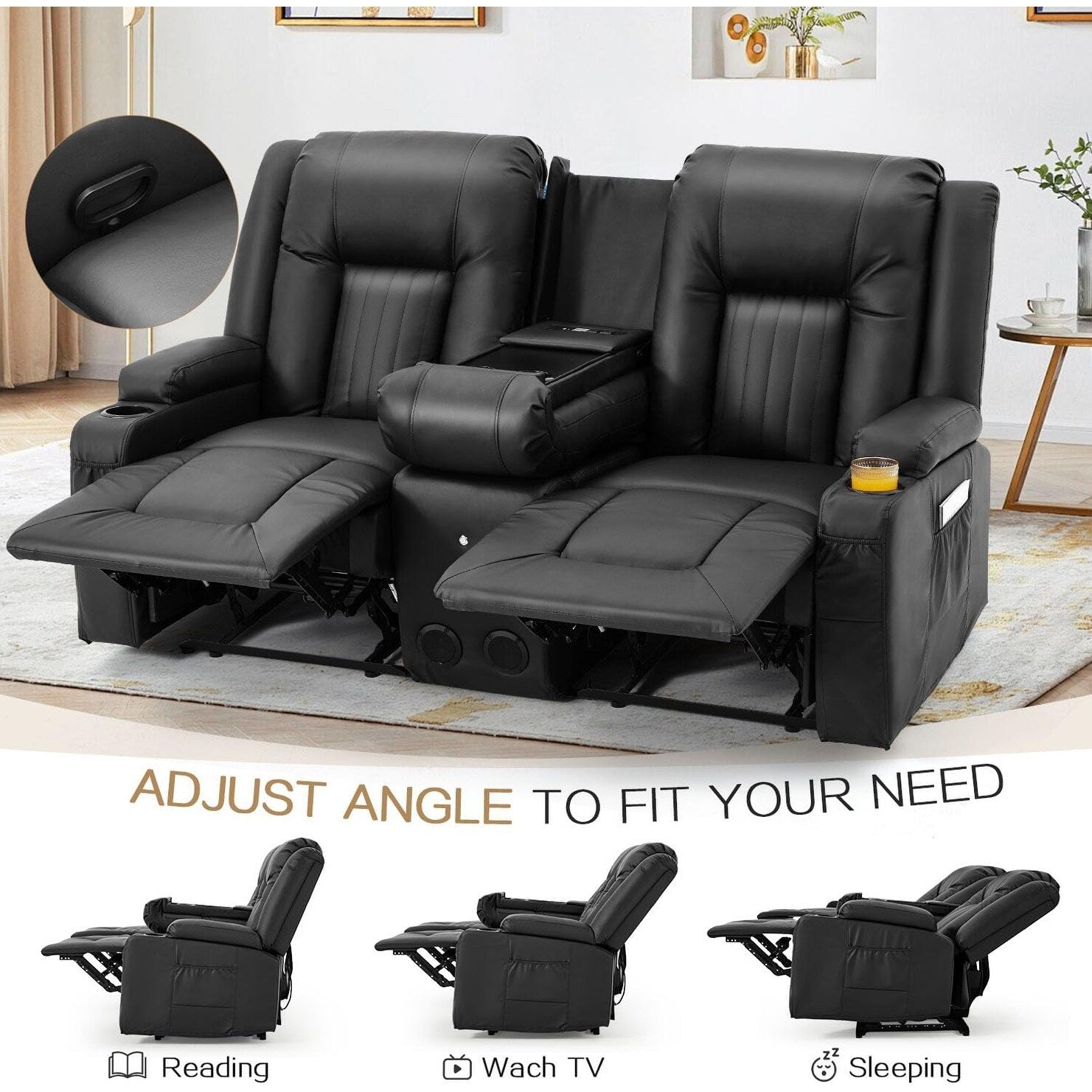 AECOJOY Recliner Sofa Manual RV Reclining Couch PU Home Theater Seating w/ Console