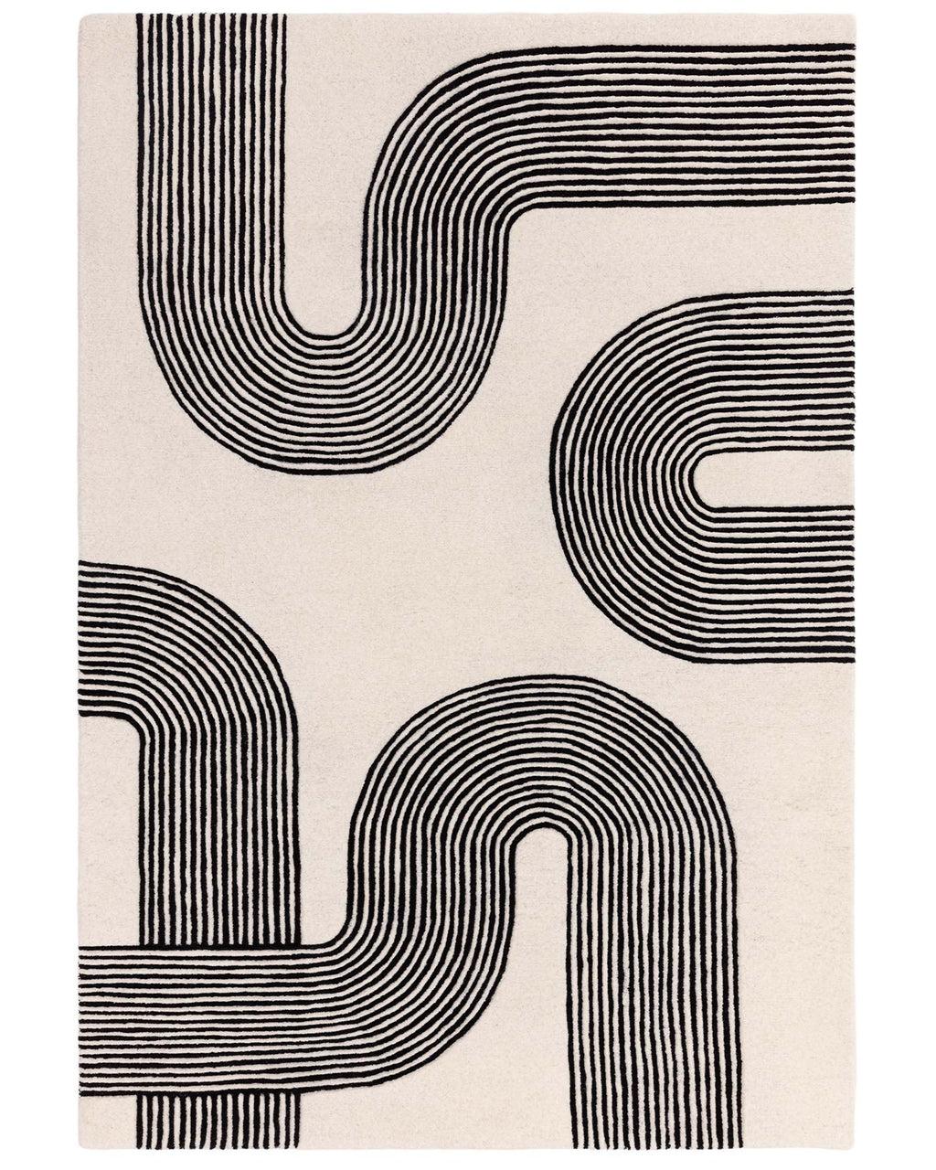 Abstract Lines black and cream wool medium rug