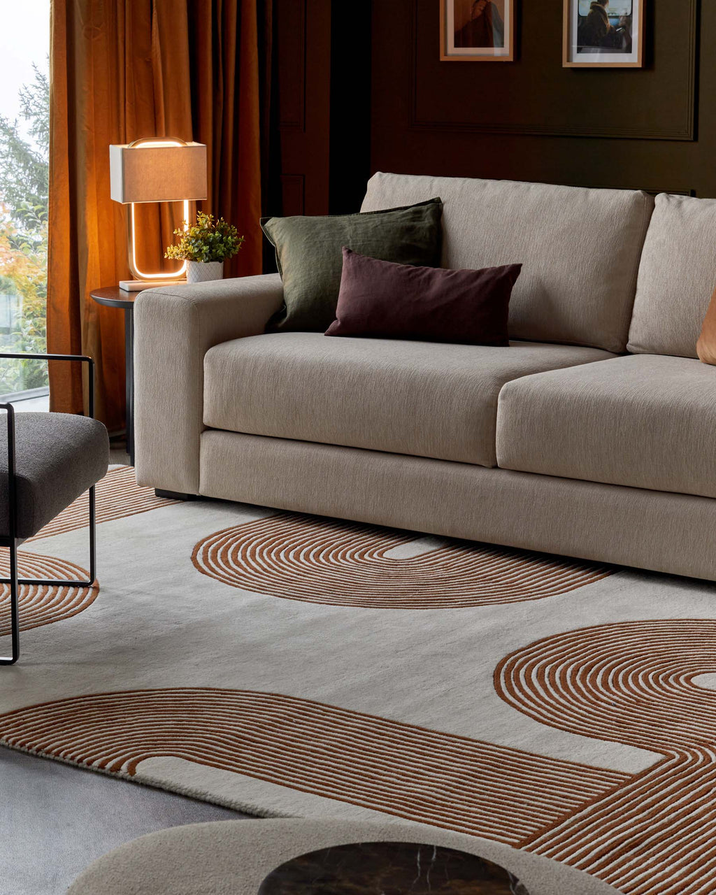 Abstract Lines rust and cream wool large rug
