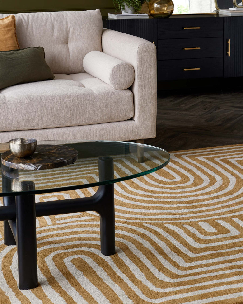 Abstract Swirl ochre wool small rug