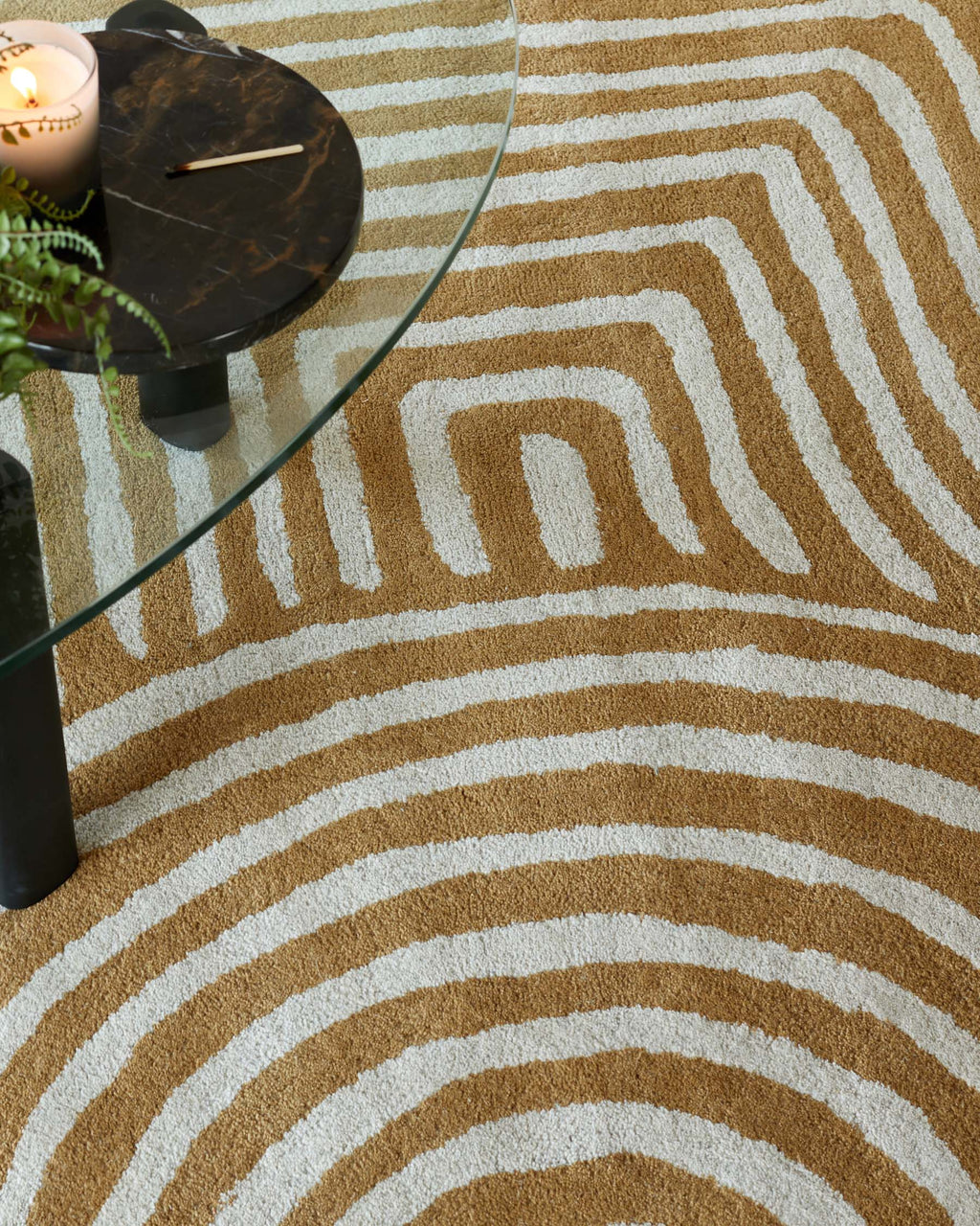 Abstract Swirl ochre wool medium rug
