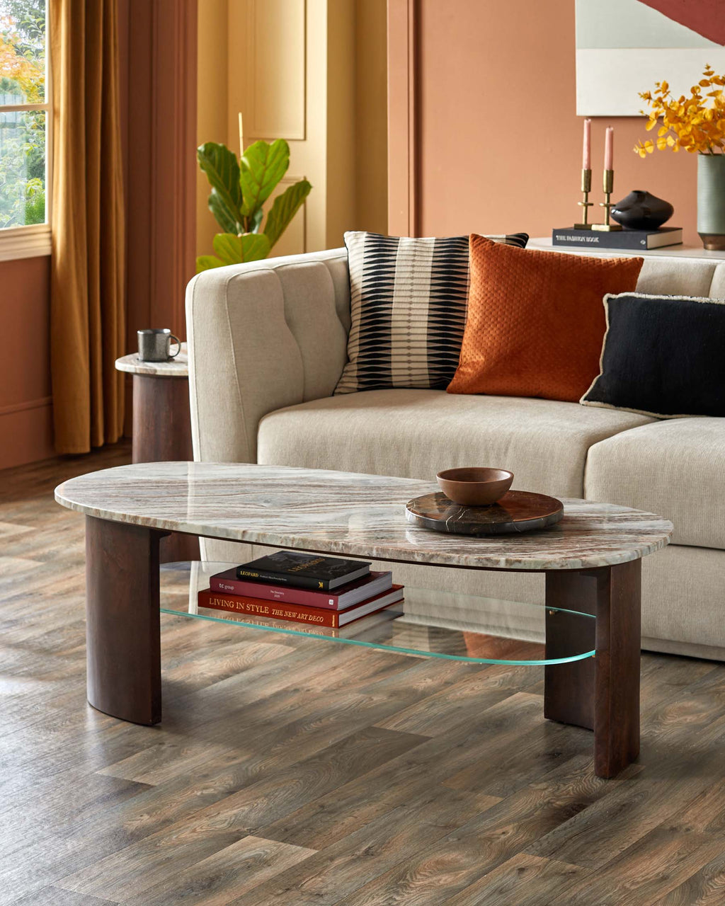Adalynn dark wood toronto marble coffee table with mango wood