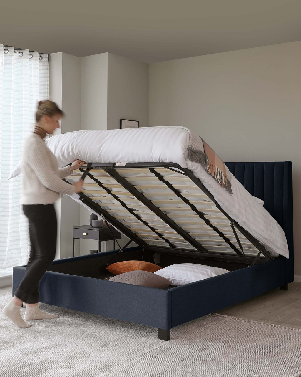 Amalfi Navy Fabric Double Ottoman Storage Bed