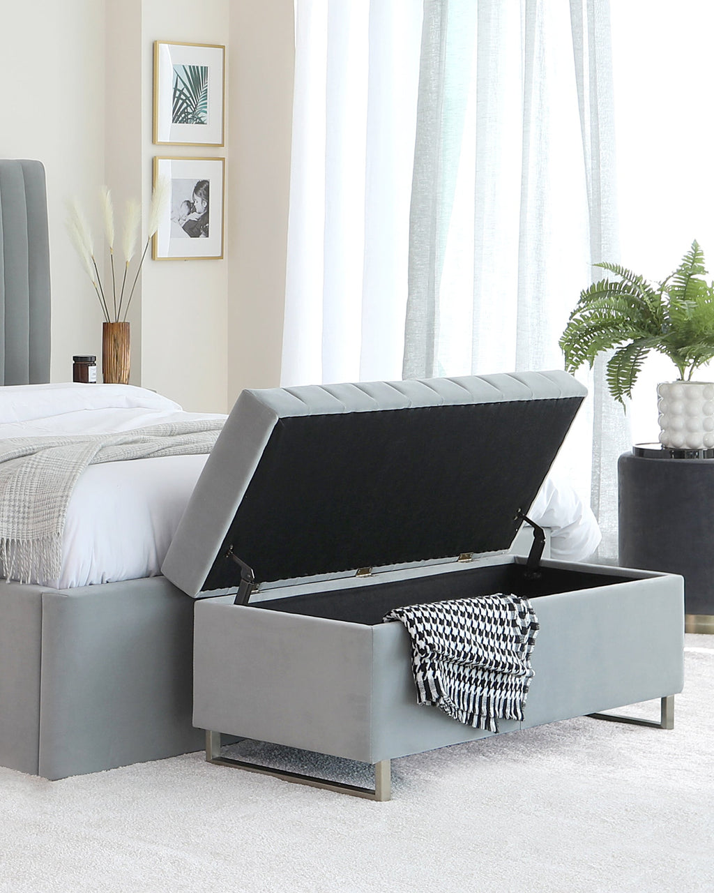 Amalfi Light Grey Velvet And Brushed Steel Ottoman Bench