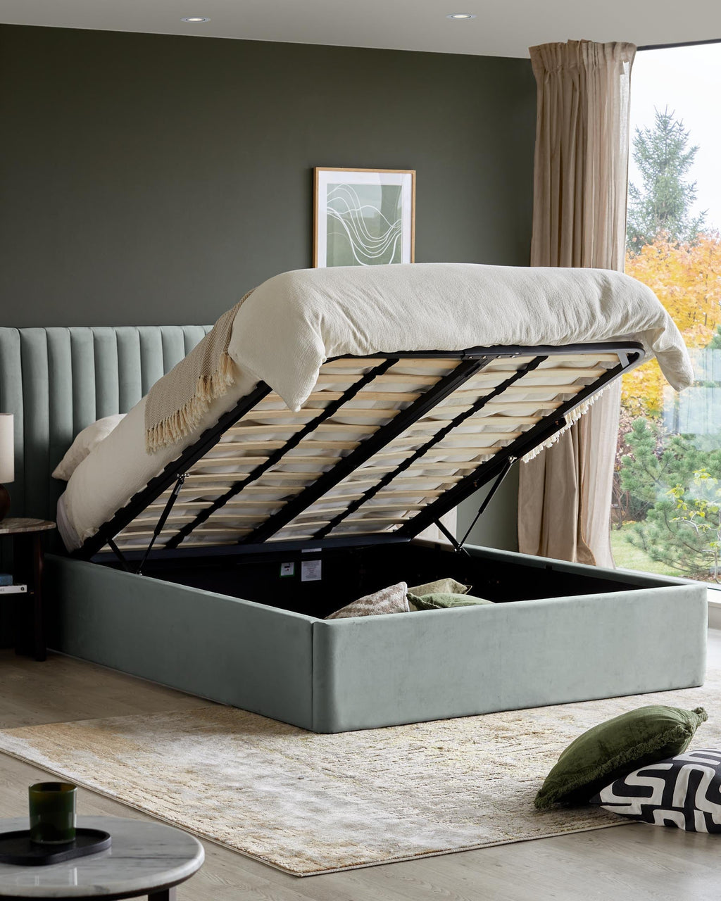Amalfi luxe sage green velvet super king ottoman storage bed