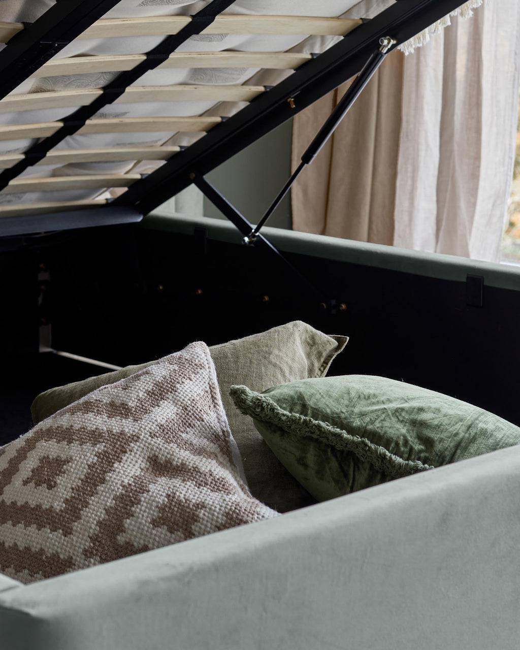 Amalfi luxe sage green velvet super king ottoman storage bed