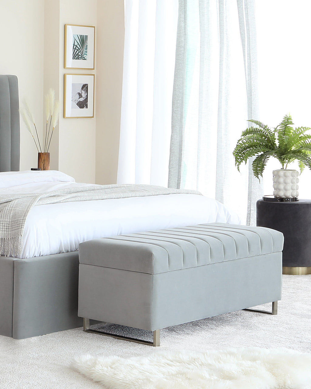 Amalfi Light Grey Velvet And Brushed Steel Ottoman Bench