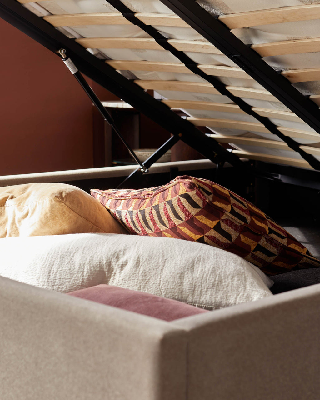 Amalfi mocha fabric double ottoman storage bed