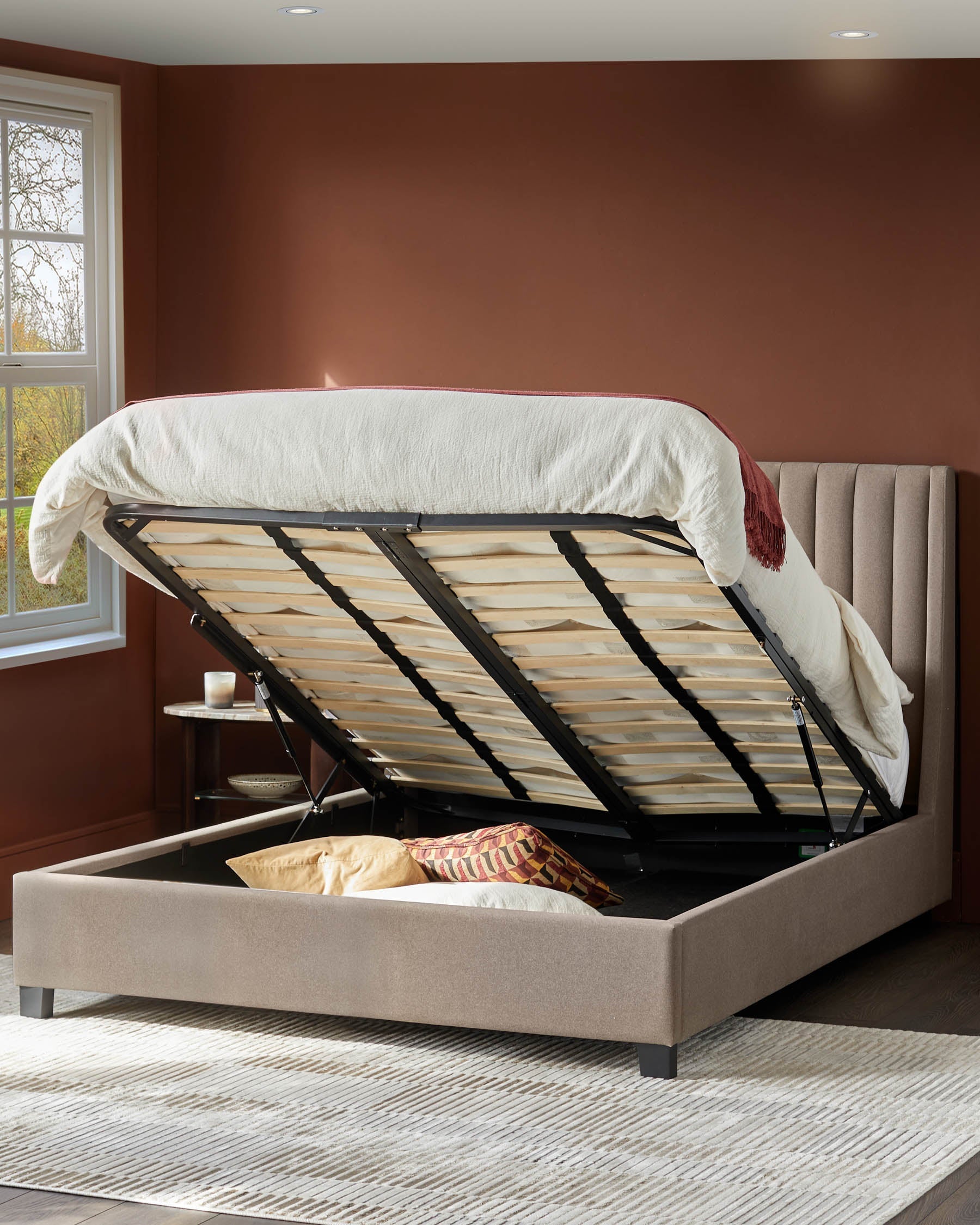 Amalfi mocha fabric double ottoman storage bed