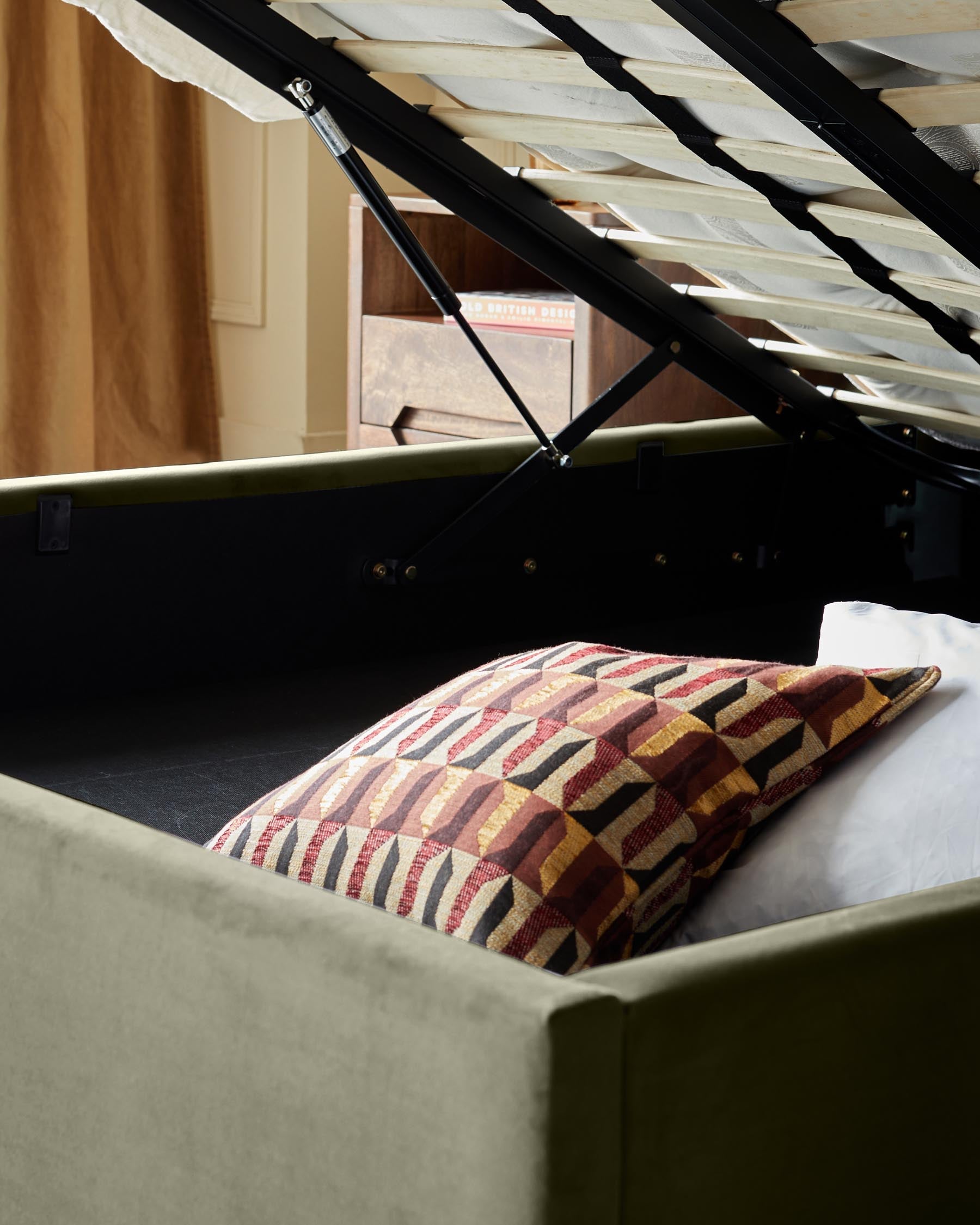 Amalfi olive green velvet king size ottoman storage bed