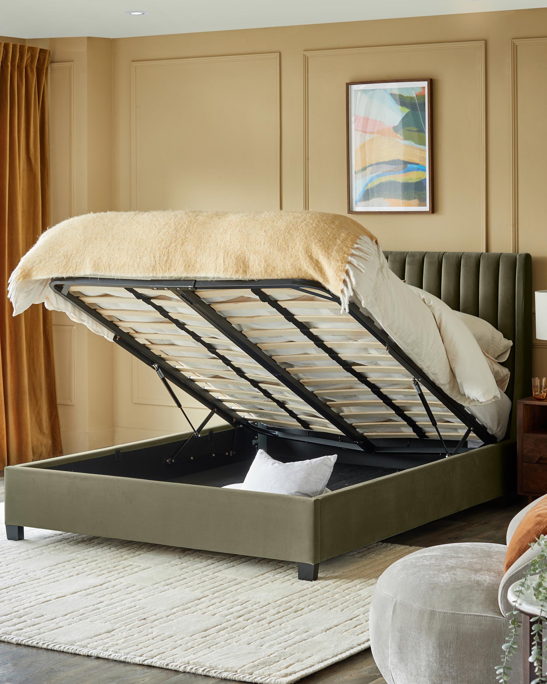 Amalfi olive green velvet double ottoman storage bed