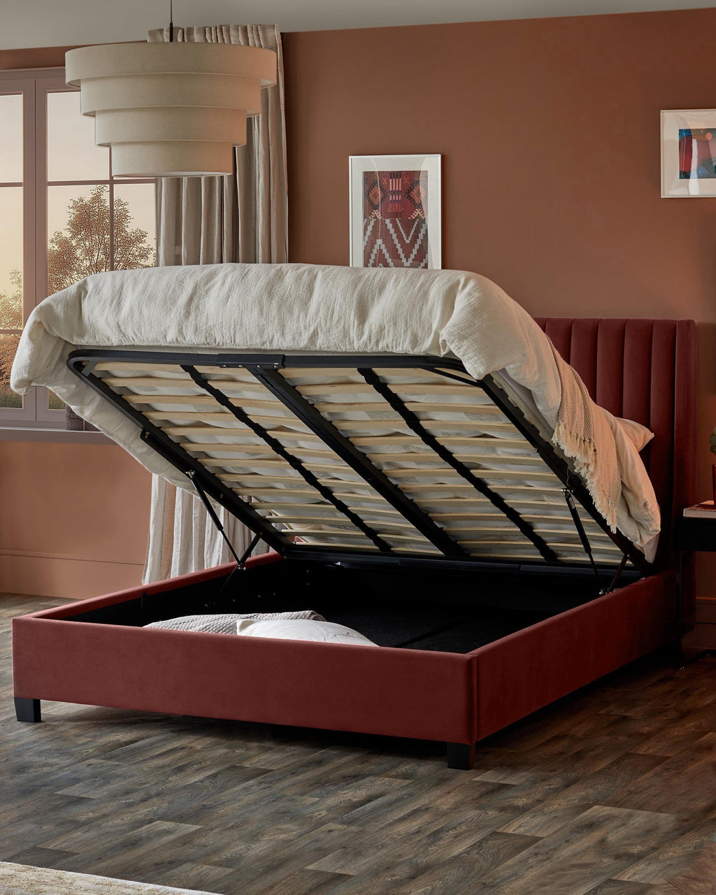 Amalfi toffee red velvet double ottoman storage bed