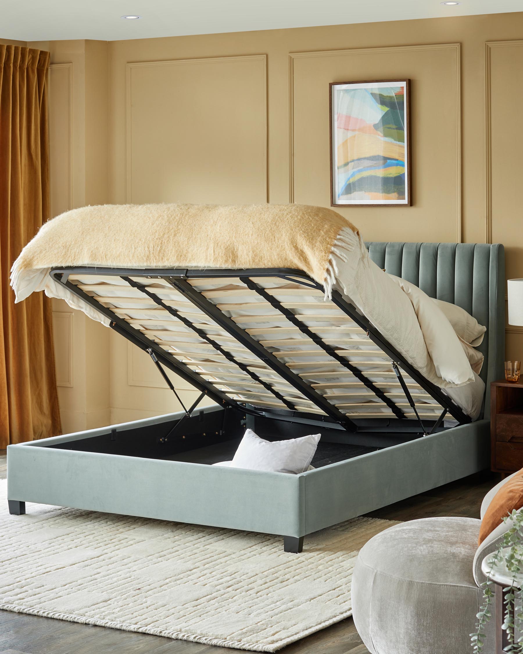 Amalfi Sage Green Velvet King Size Ottoman Storage Bed