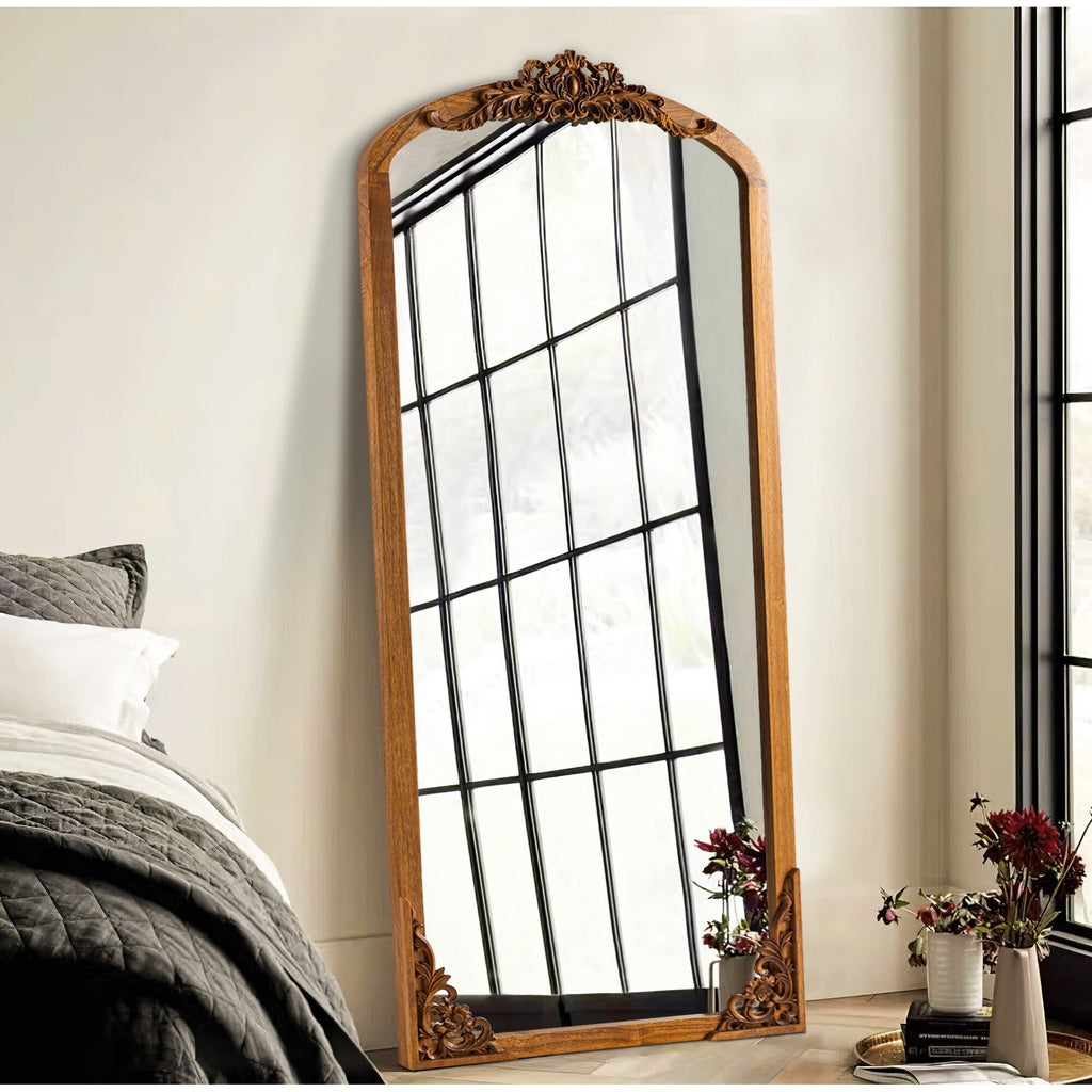 Arched Full-Length Solid Wood Carving Floor Mirror