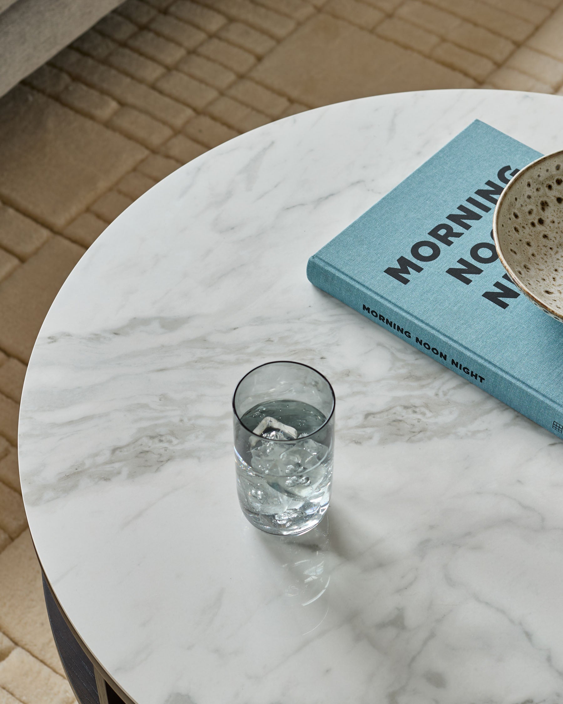 Aurora Marbled Ceramic and Dark Oak Round Coffee Table