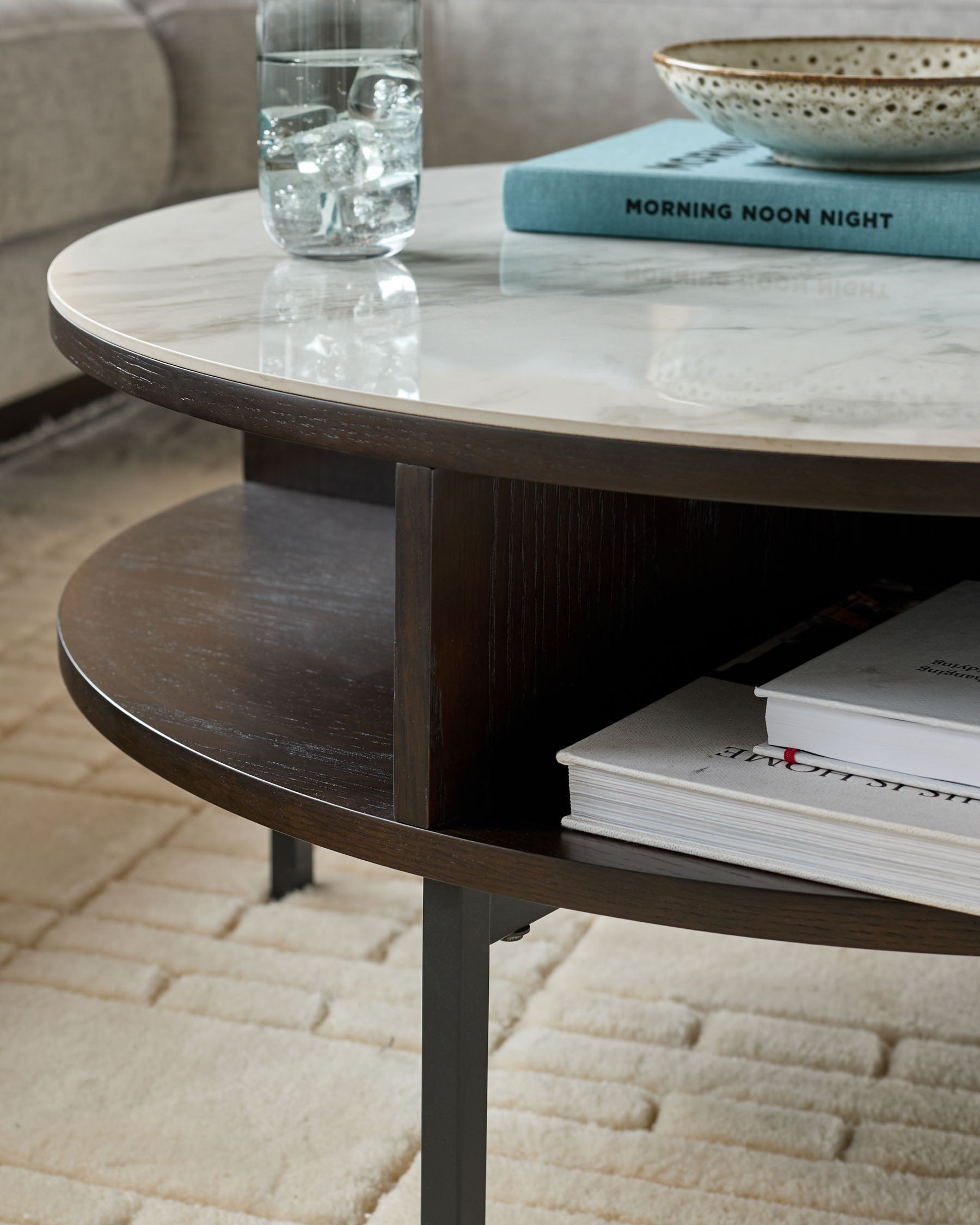 Aurora Marbled Ceramic and Dark Oak Round Coffee Table