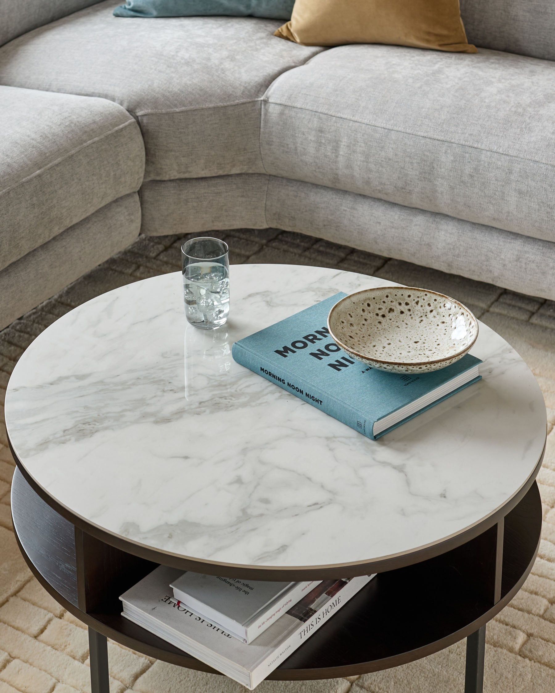 Aurora Marbled Ceramic and Dark Oak Round Coffee Table