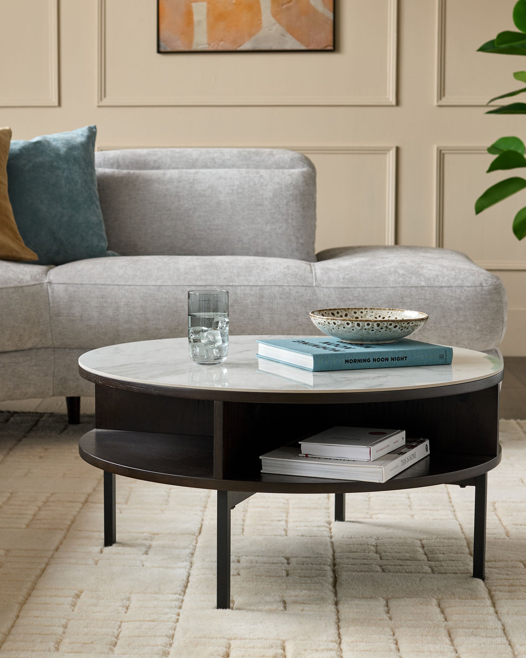 Aurora Marbled Ceramic and Dark Oak Round Coffee Table