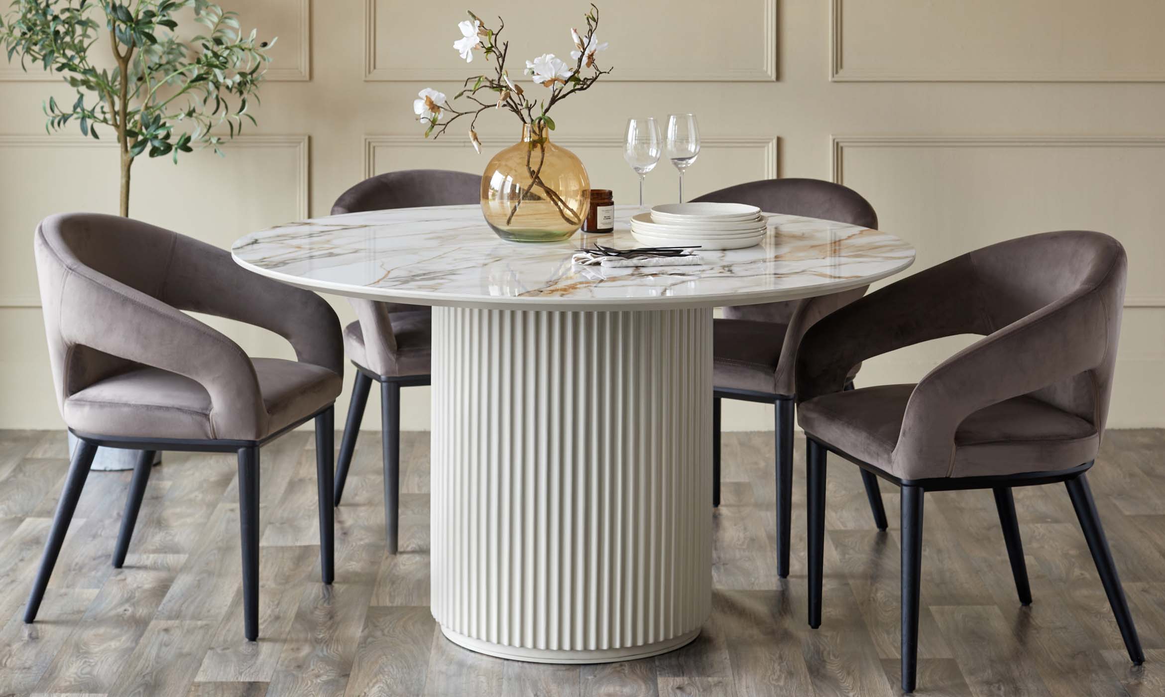 Austin natural ceramic 6 seater table and 6 Heath dining chairs set