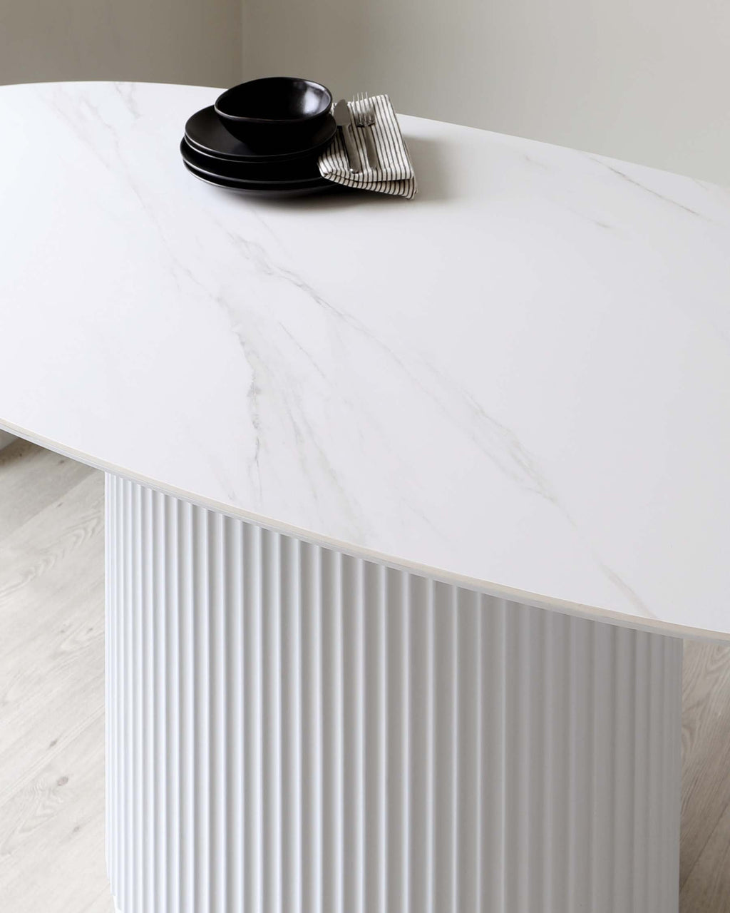 Austin White Marbled Ceramic Fluted 6 Seater Dining Table