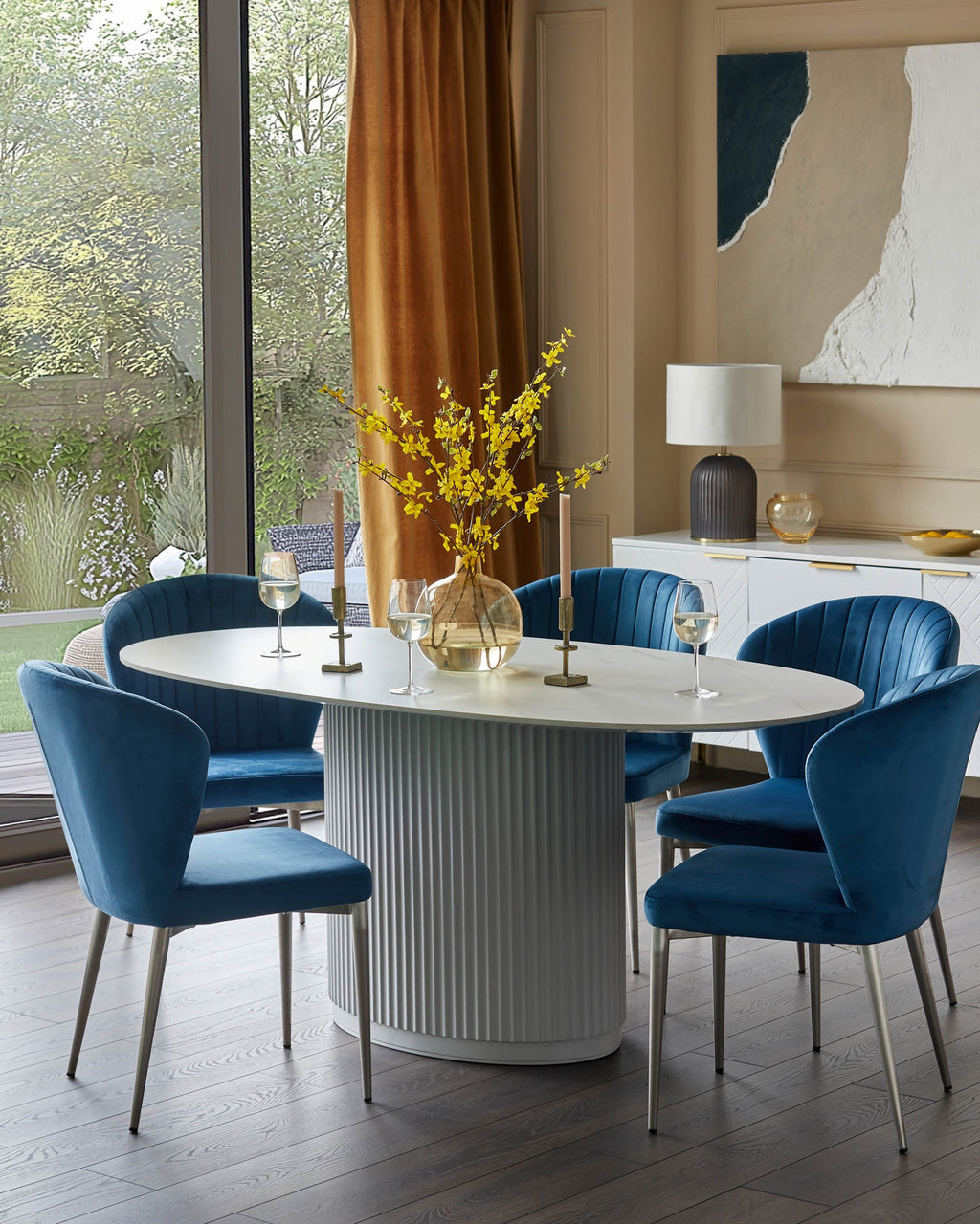 Austin White Marbled Ceramic Fluted 6 Seater Dining Table