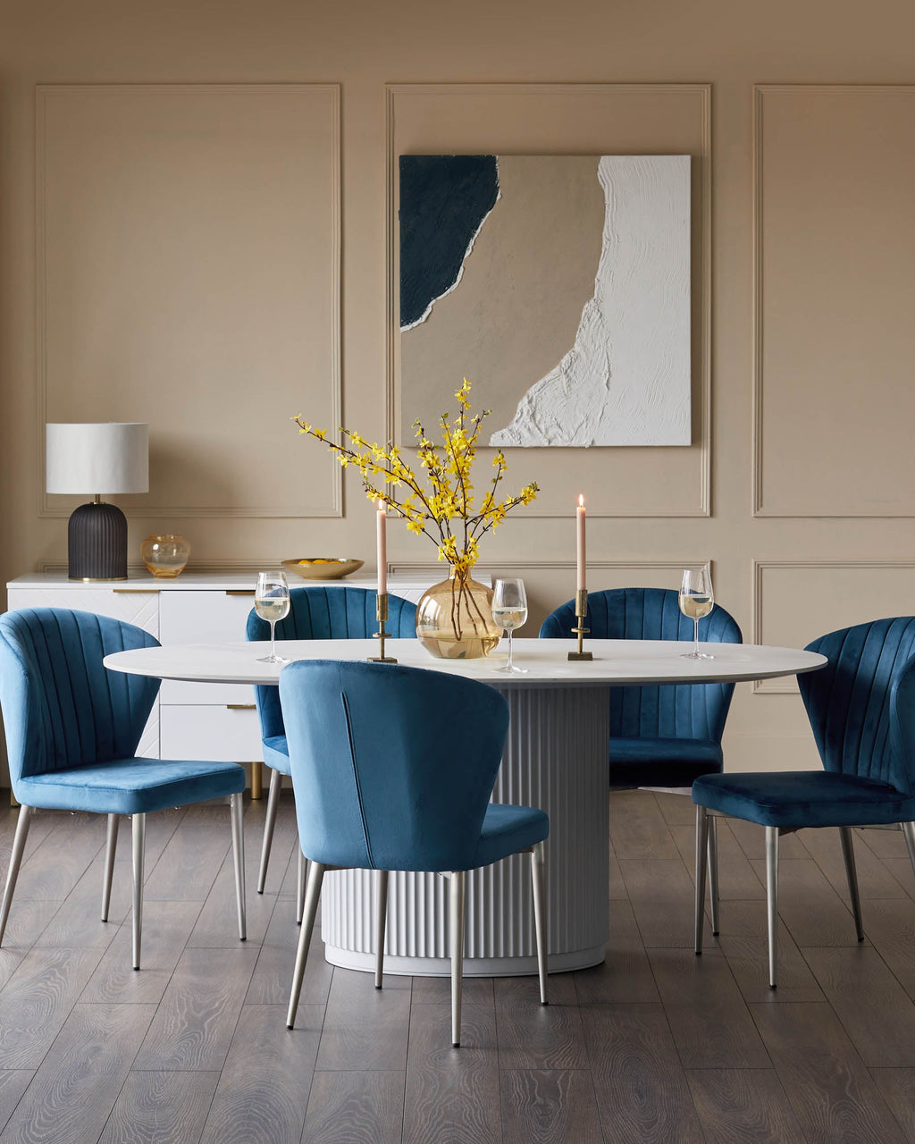 Austin White Marbled Ceramic Fluted 6 Seater Dining Table