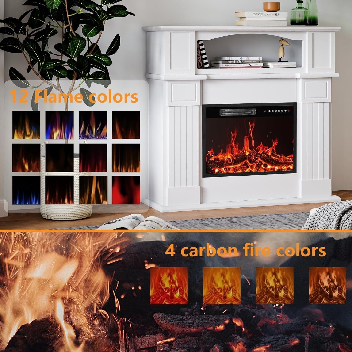 BOSSIN 43 Electric Fireplace with Mantel, 23 inch Electric Fireplace Insert,Freestanding TV Stand with Fireplace Wooden Firebox