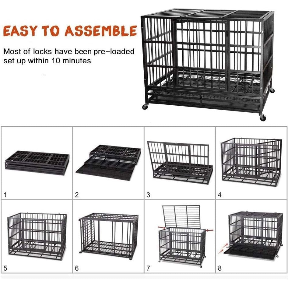 BOSSIN 48/38 inch Heavy Duty Indestructible Dog Crate, Escape Proof Dog Cage Kennel with Lockable Wheels