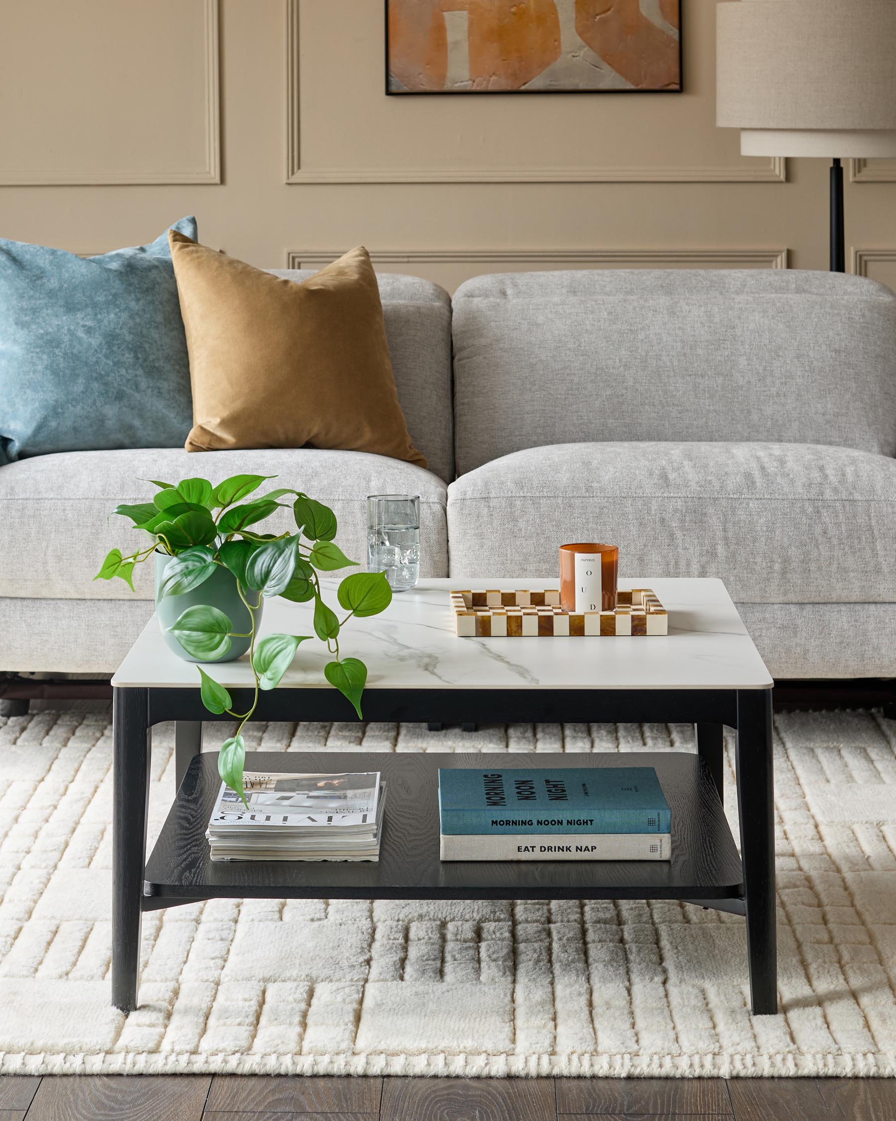 Banks White Marbled Ceramic With Black Wood Coffee Table
