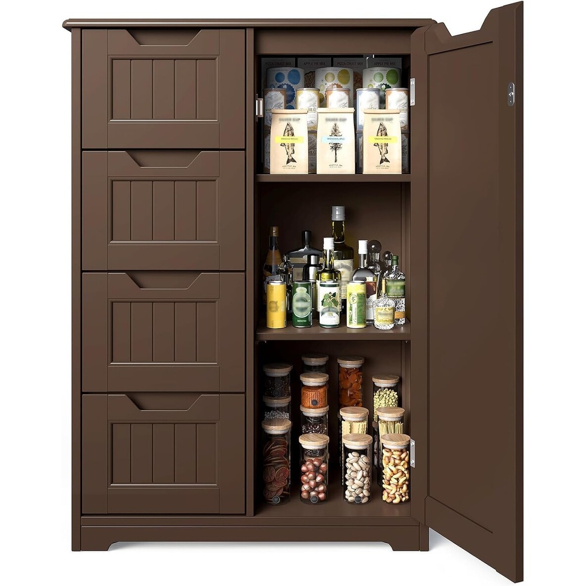Bathroom Floor Storage Cabinet, Free-Standing Floor Storage Cabinet with 4 Draws and Adjustable Shelf