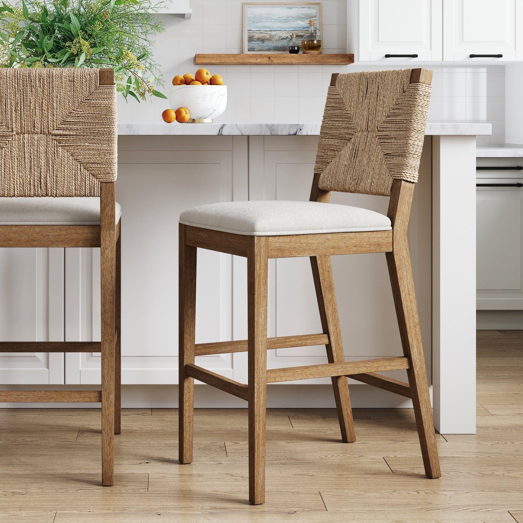 Beacon Bohemian Boucle Bar Stool, Upholstered Counter Height Chair with Solid Wood Frame and Woven Seagrass Back