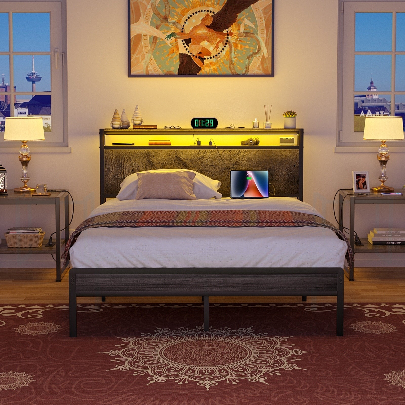 Farmhouse Wood Platform Bed Frame with Charged Station and LED Lights