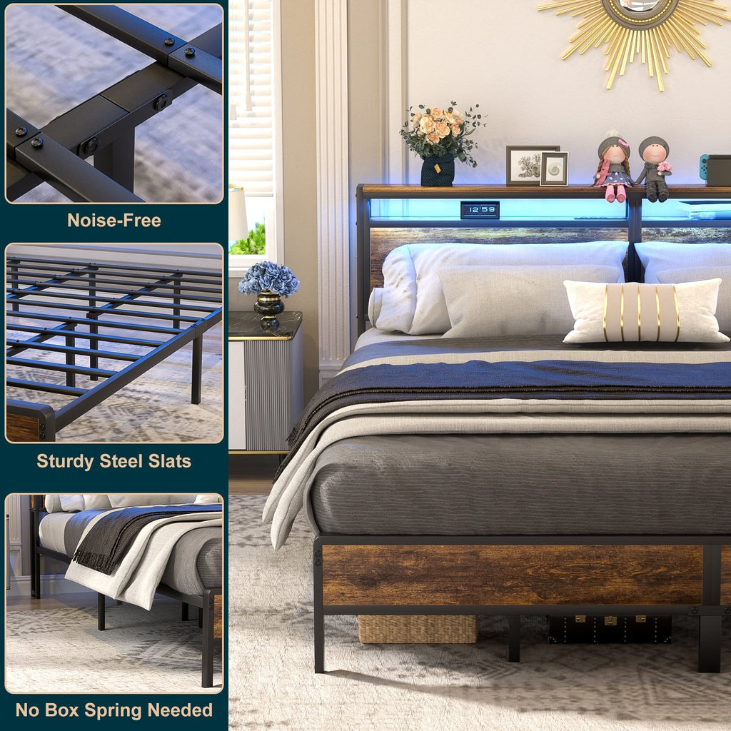 Farmhouse Wood Platform Bed Frame with Charged Station and LED Lights