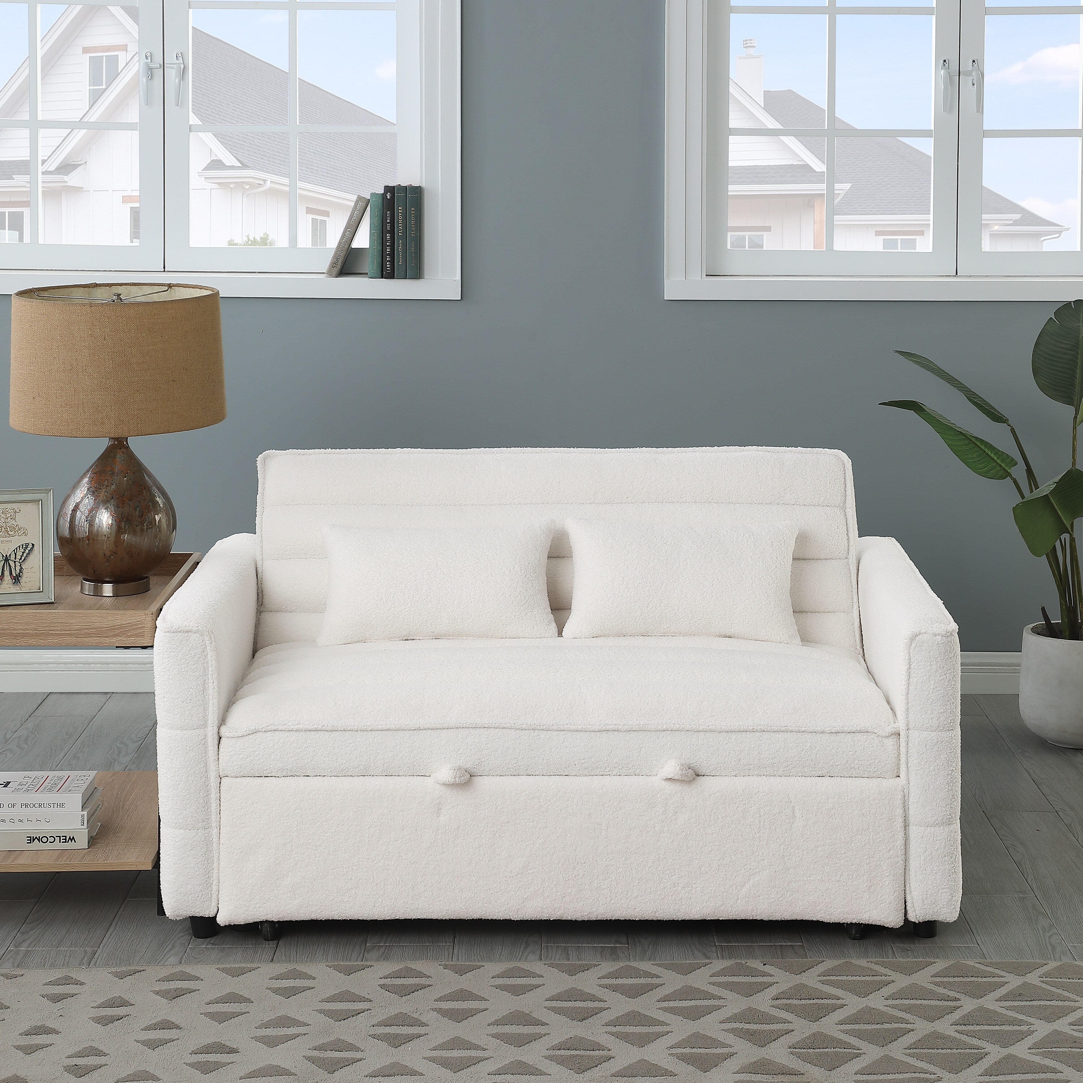 Beige 55.12 Boucle Loveseat Convertible Pull-Out Sofa Bed with Adjustable Back and 2 Waist Pillows for Living Room