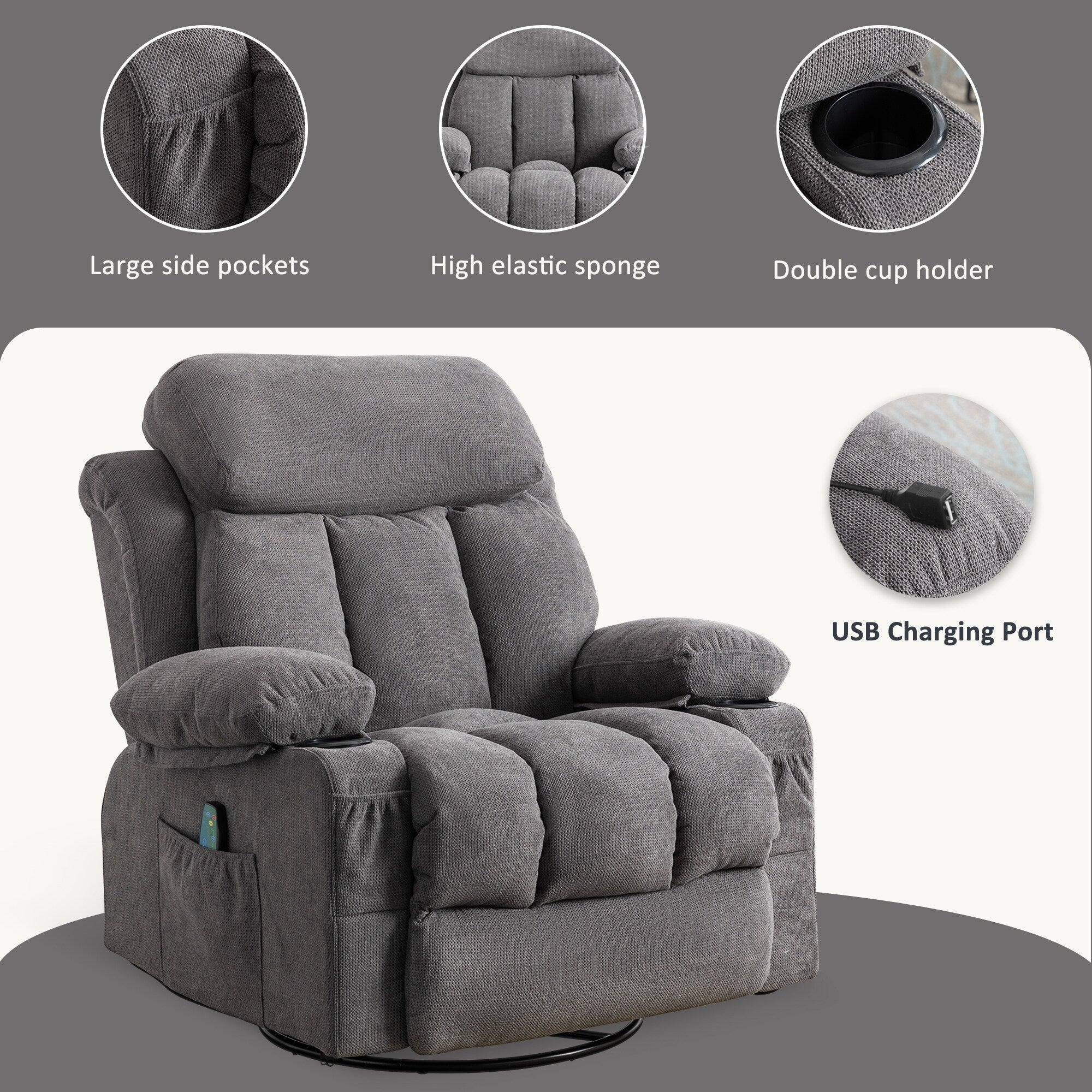 Beige Swivel Recliner with Massage, Heat & USB Charging