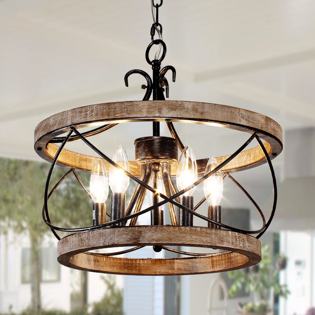 Bella Depot 5-Light Rustic Cage Wood Chandelier Dimmable Lighting, 15.7 Adjustable Farmhouse Pendant Light for Kitchen Island