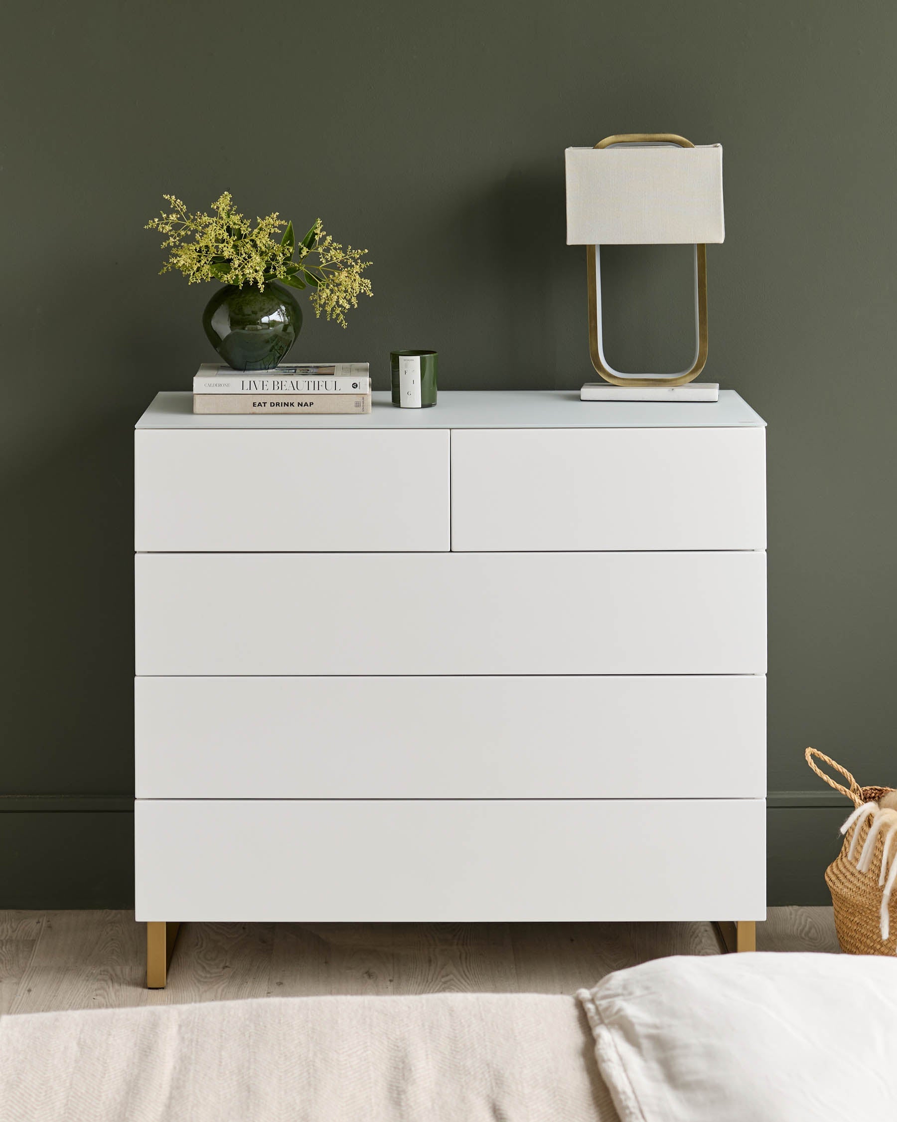 Benton White Chest Of Drawers With Brass Legs
