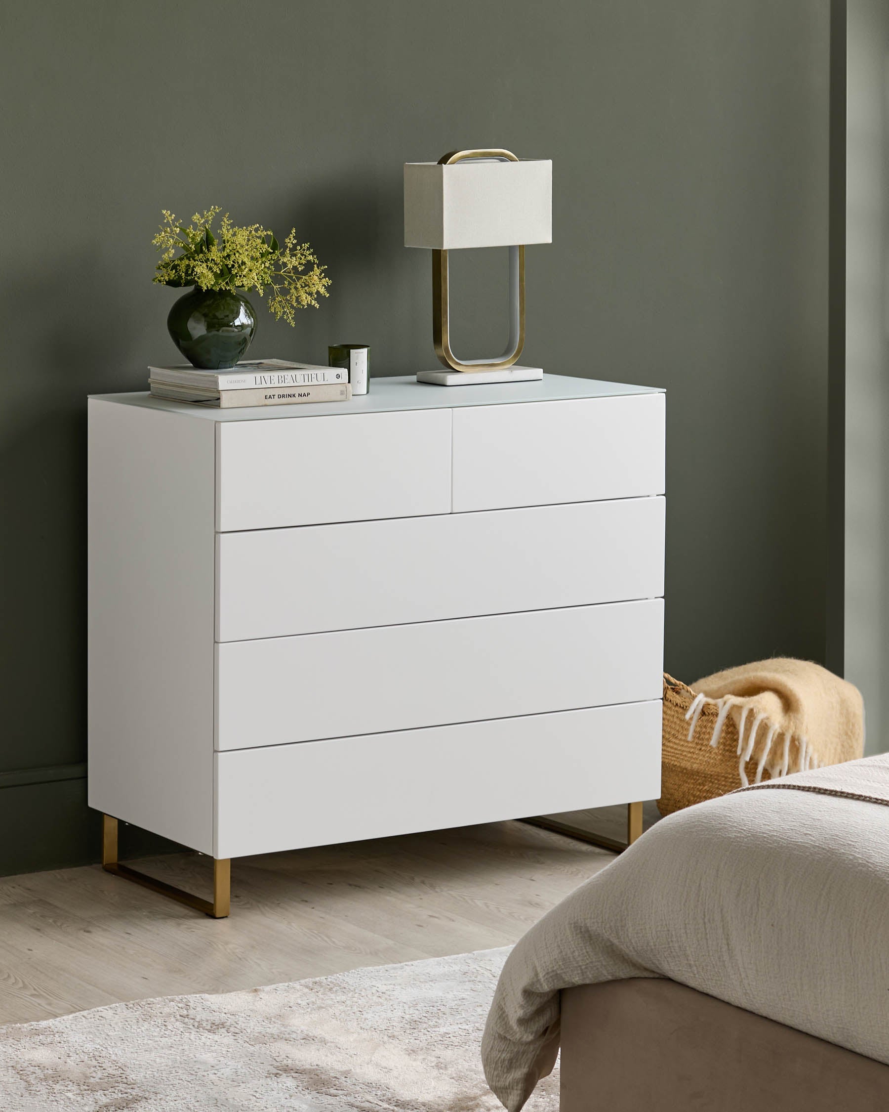 Benton White Chest Of Drawers With Brass Legs