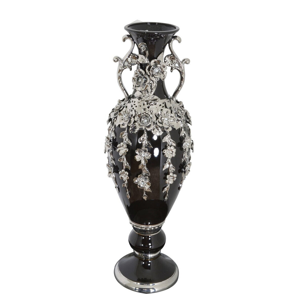 Black and Silver Floret Jeweled Stunning Vase 35 Inches Tall