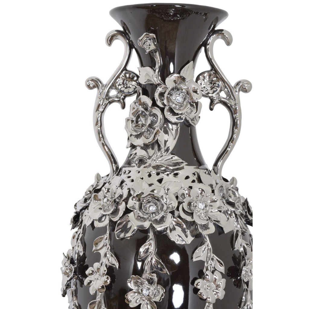Black and Silver Floret Jeweled Stunning Vase 35 Inches Tall