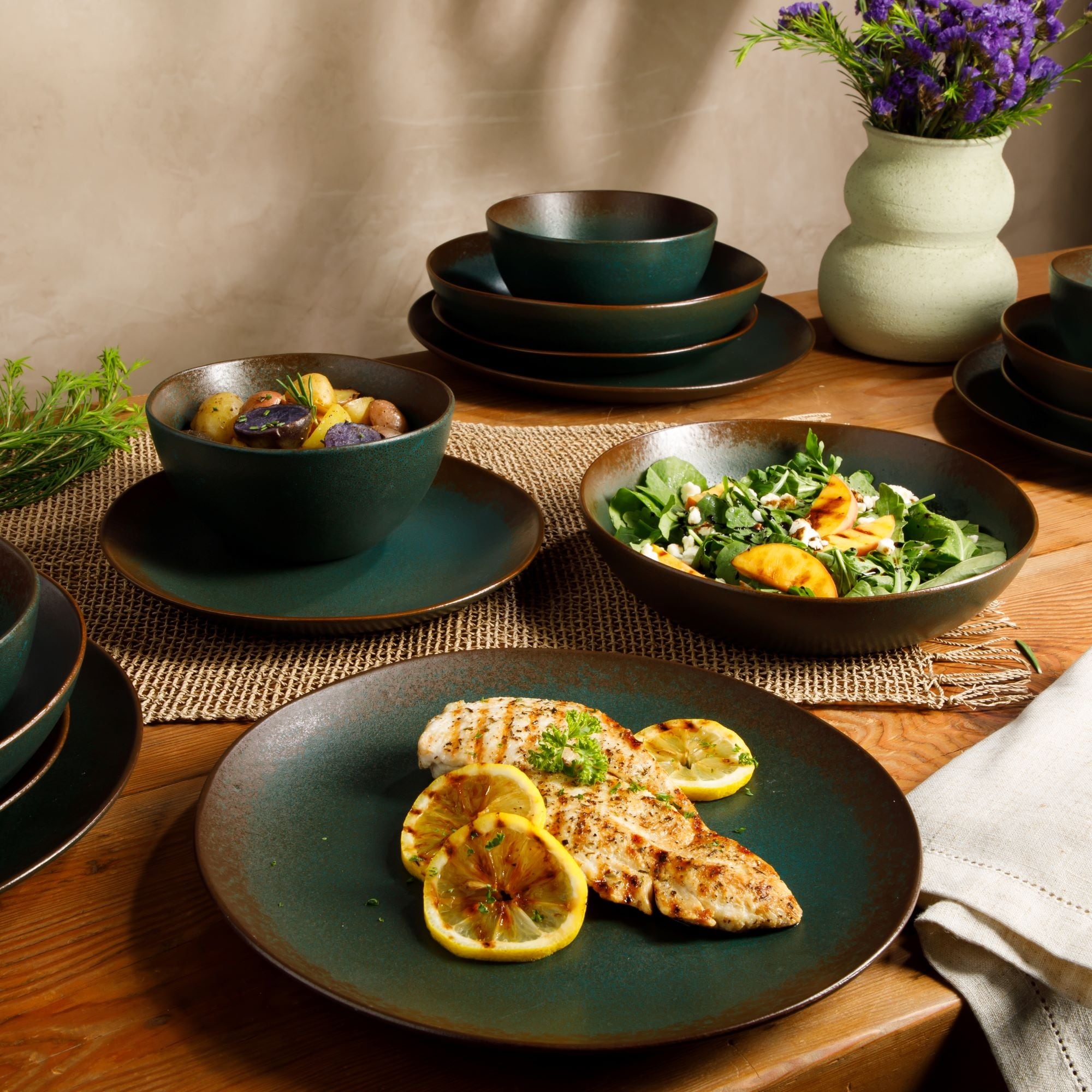 Bloomhouse Palermo Sun 16 Piece Double Bowl Stoneware Reactive Glaze Plates and Bowls Dinnerware Set