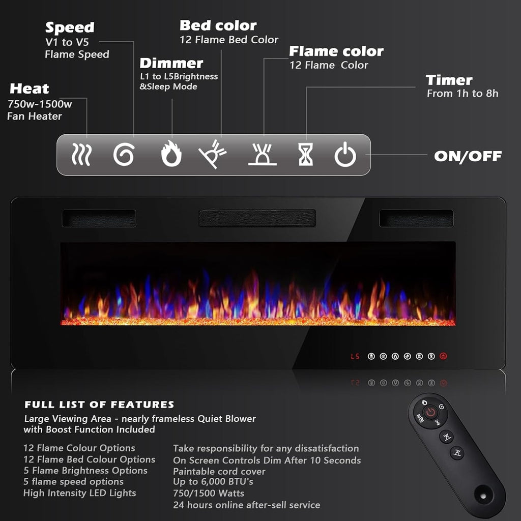 Bossin 30 to 72 inch Electric Fireplace Ultra-Thin and Silence Linear Recessed Wall Mounted Fireplace with Remote Control